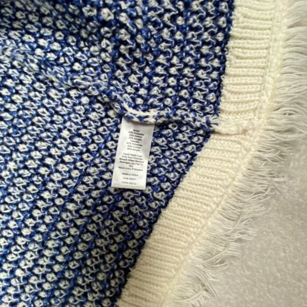 Talbots Womens Blue & Cream Striped Knit Cardigan Sweater With Fringe Hem Size M
